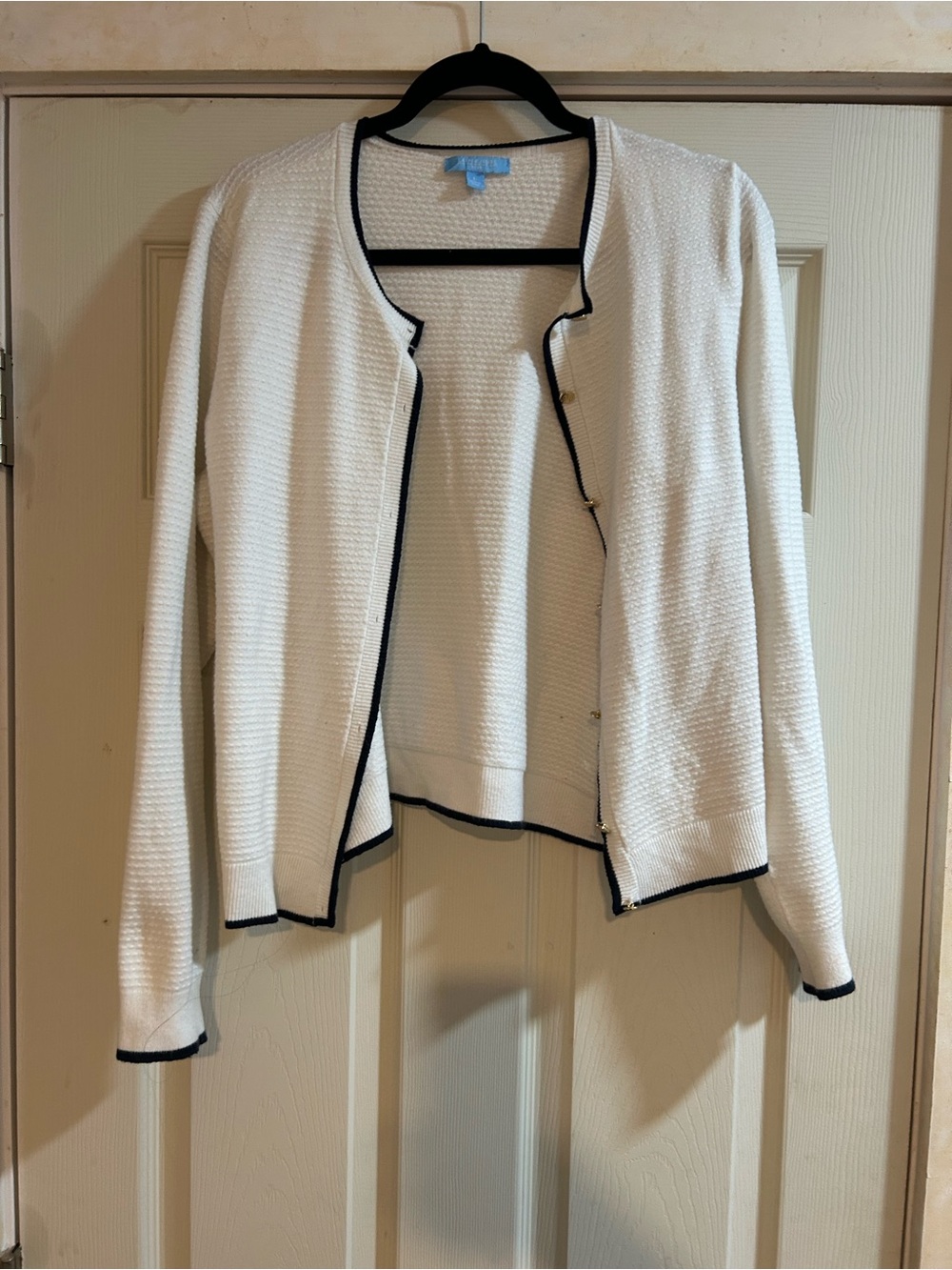 Draper James Cream Knit Open-Front Cardigan with Black Trim